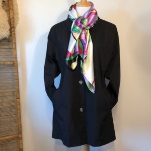 DENNIS-by DENNIS BASSO-Black Cotton Trench Coat with Mod Colorful Scarf-Large